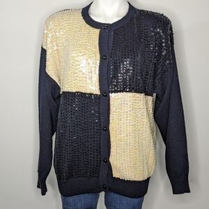 Vintage Regency Collection black white blue sequin cardigan sweater L